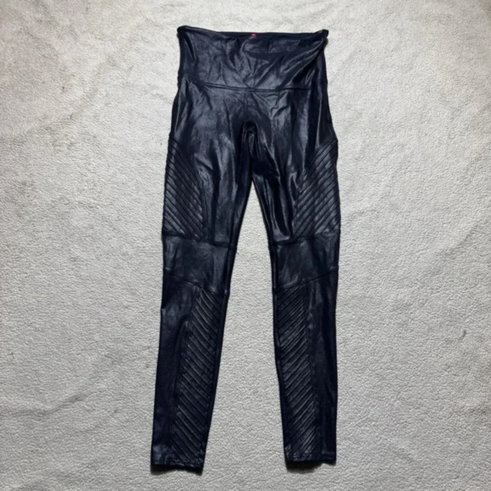 Spanx Leggings Womens Large Black Faux Leather Slimming Edgy Modern Ribbed Ankle